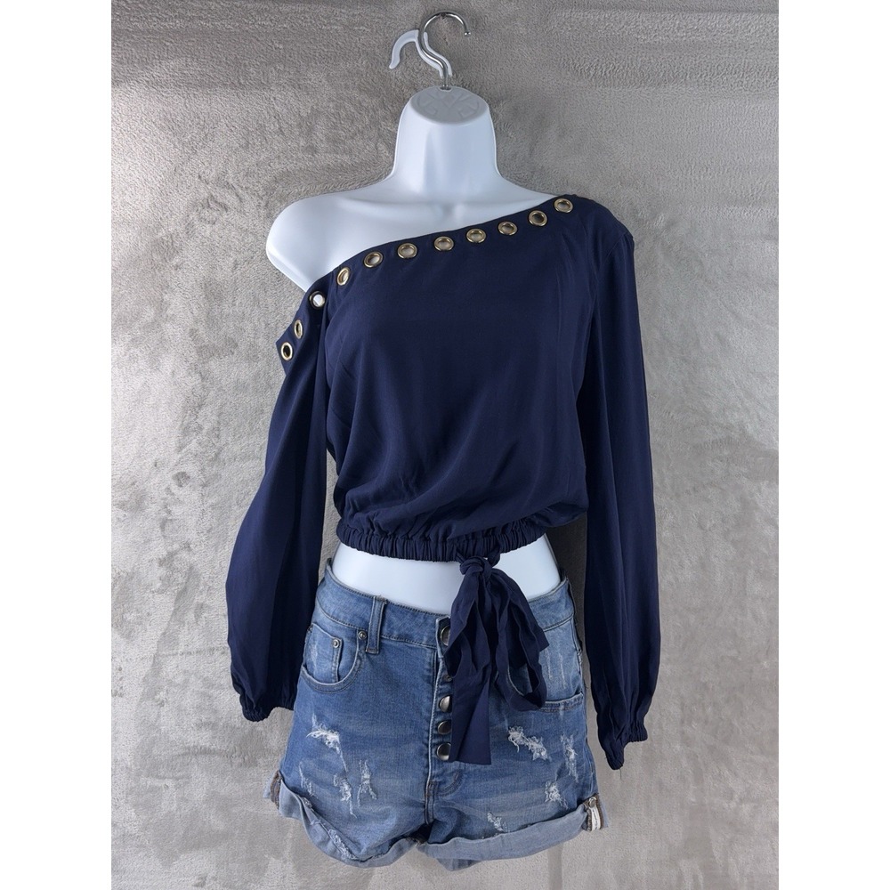 Lovers & Friends One Shoulder Blouse Womens Size XXS Blue Grommet Tie Waist Crop